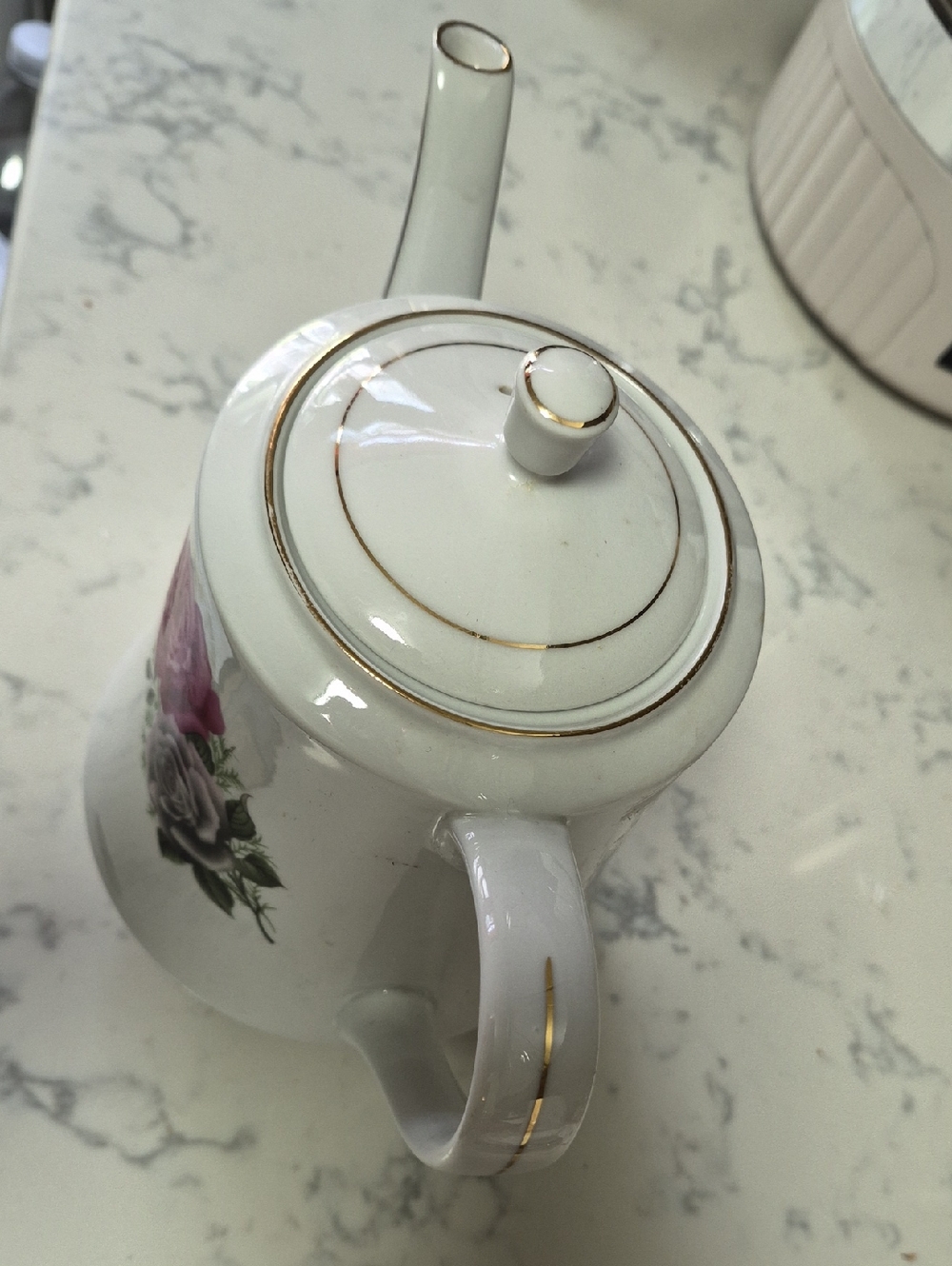 White Porcelain Teapot & Lid with Gold Trim - Elegant Tea Service